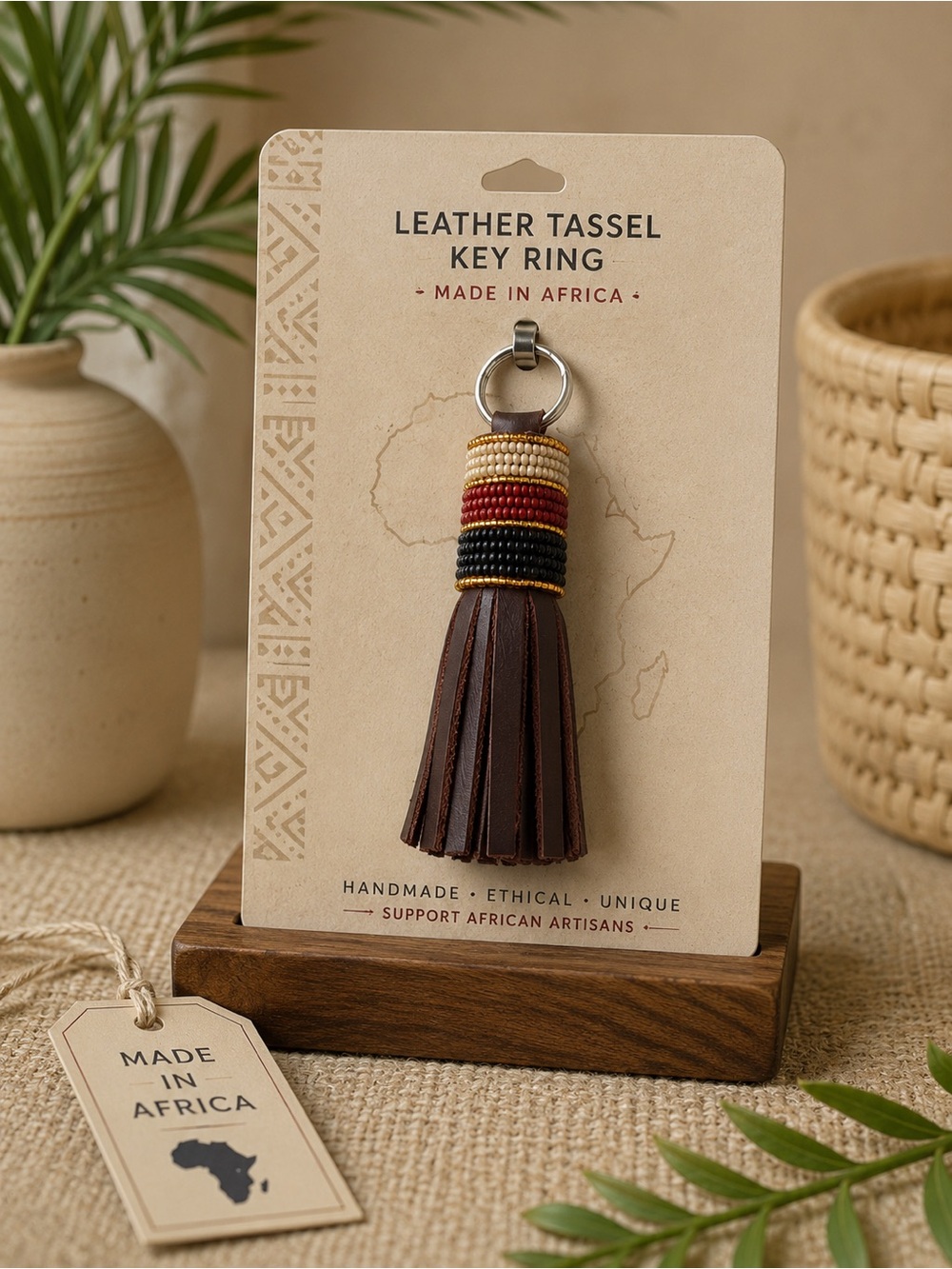 🌍✨ Handmade Leather Tassel Key Ring – Made in Africa ✨🌍